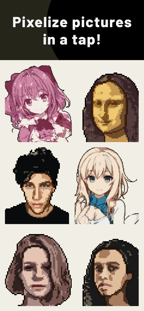 AI Pixel Art Camera: PixelMe - Raster mit Pixel-Art-Porträts, einschließlich Anime- und realen Gesichtern aus der PixelMe-App