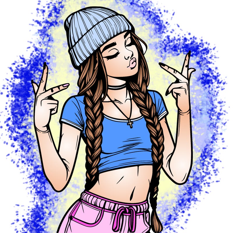 realistic teenage girl with braids and a beanie and crop top doing 🫶🏼