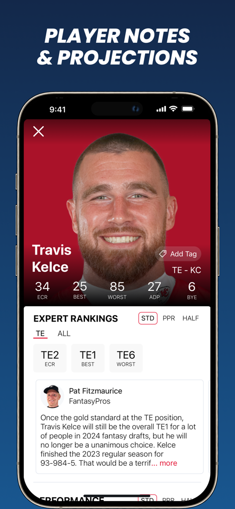 Fantasy Football Draft Wizard - Travis Kelce player profile with expert rankings and notes in the Fantasy Football Draft Wizard app