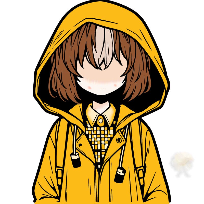 little anime girl in a raincoat her hair is covering her eyes she has a lighter