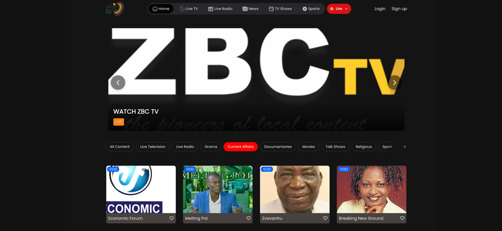 Z+ - Z plus app home screen with ZBC TV live stream and local content categories