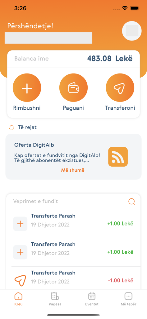EasyPay Albania - EasyPay Albaniaモバイルアプリのダッシュボード。アカウント残高と支払いオプションが表示されます。