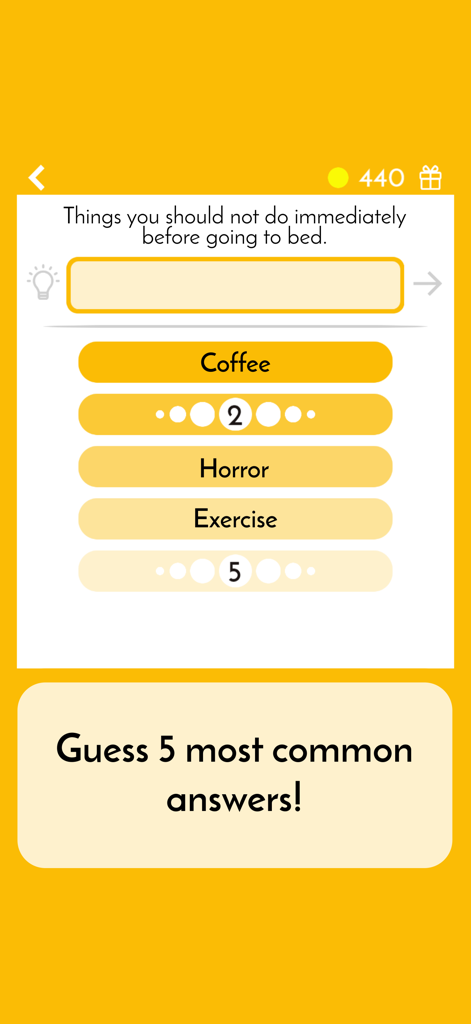 Screenshot of Guess 5 word quiz game showing a survey question about activities to avoid before bed.