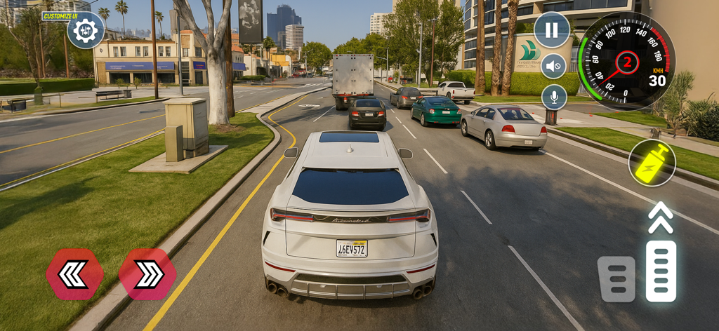 Car Racing Real Driving Games - Gameplay of Car Racing Real Driving Games featuring a white SUV in city traffic