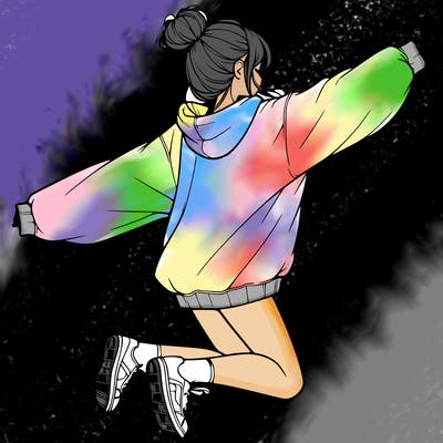 realistic girl jumping with a bun and oversized sweatshirt