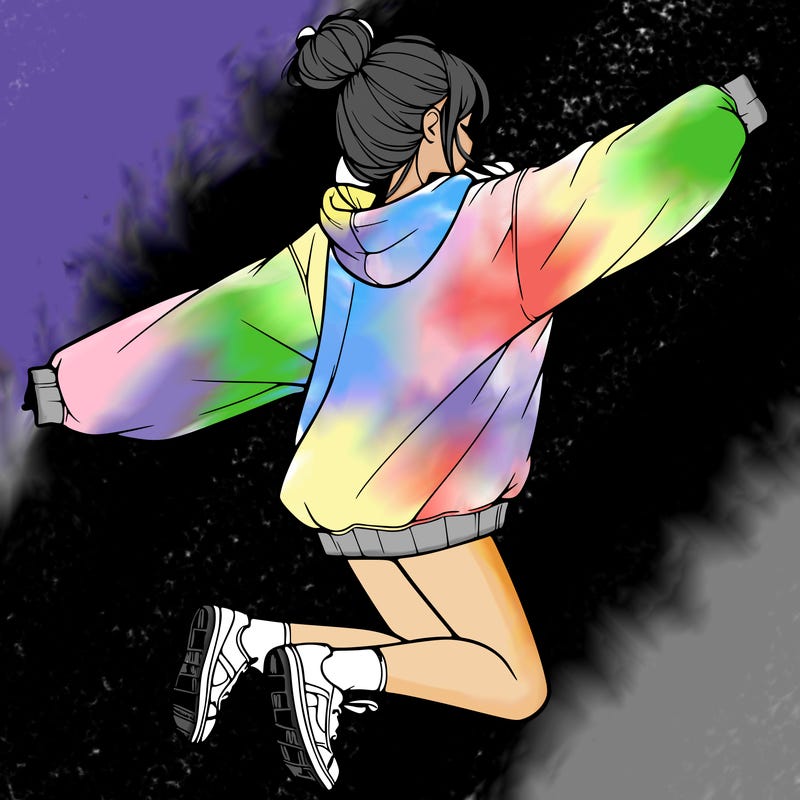 realistic girl jumping with a bun and oversized sweatshirt