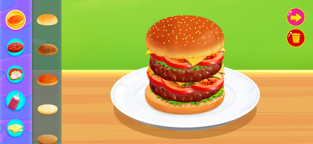 Kids Cooking Games & Baking - Una colorida hamburguesa digital siendo ensamblada en un juego de cocina para niños.