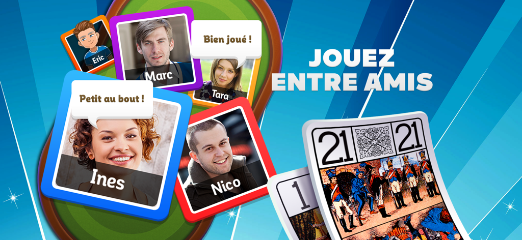 Interface de l'application mobile Exoty Tarot montrant des avatars de joueurs avec des bulles de texte et des cartes de tarot français classiques