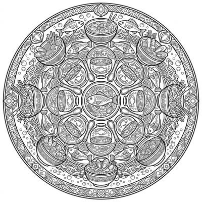 Embark on a culinary and artistic journey with this unique fish soup mandala coloring page. Discover a beautifully symmetrical design filled with delicious details awaiting your creative touch.