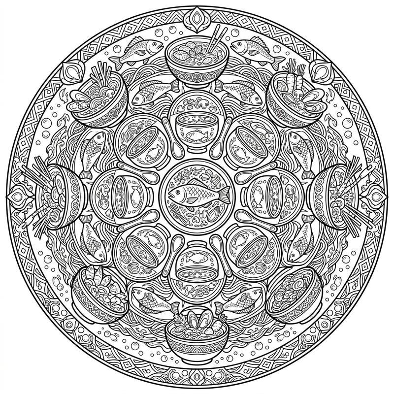 Embark on a culinary and artistic journey with this unique fish soup mandala coloring page. Discover a beautifully symmetrical design filled with delicious details awaiting your creative touch.