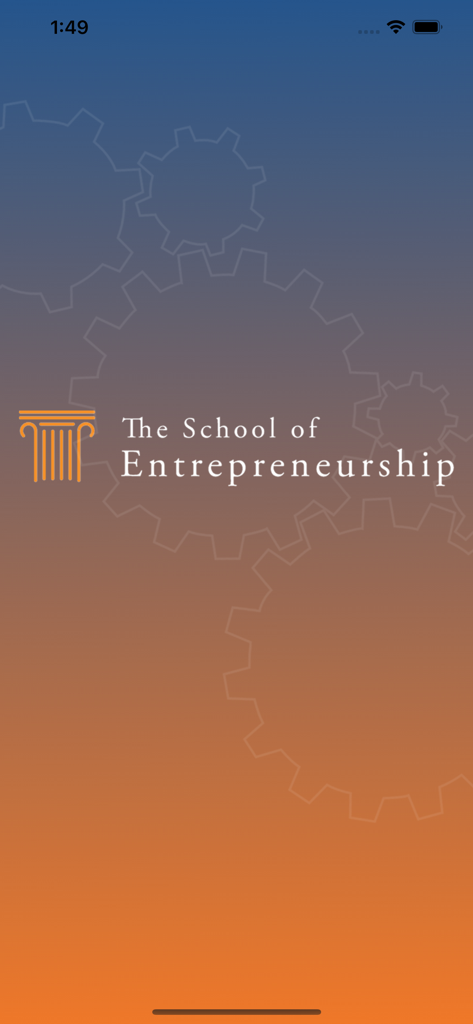 SOE Online - L'écran de démarrage de la School of Entrepreneurship avec le logo pilier et des graphismes d'engrenage sur un fond dégradé