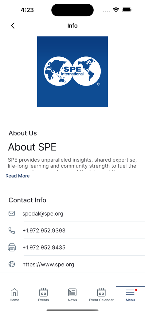 SPE International - Schermata informativa dell'app mobile SPE International con dettagli di contatto e sezione "Informazioni"