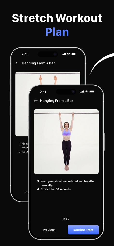 Taller - Height Predictor - Taller app interface showing a stretch workout plan with a person hanging from a bar to improve posture.