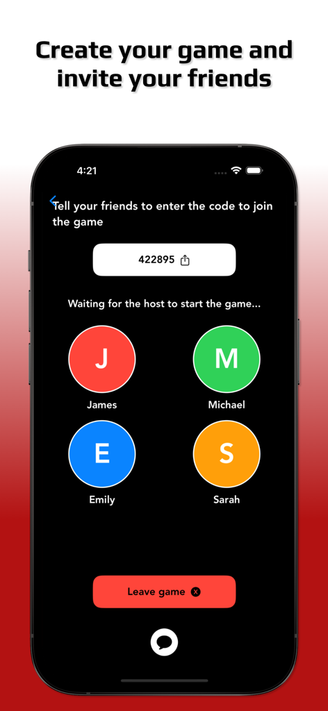 The Wolf: Party Game - A screen from The Wolf: Party Game showing a game lobby with a join code and four players waiting to start.