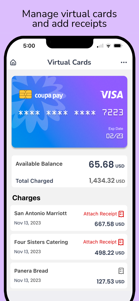 Coupa Mobile app screen displaying virtual card details and transaction history with receipt attachment options.