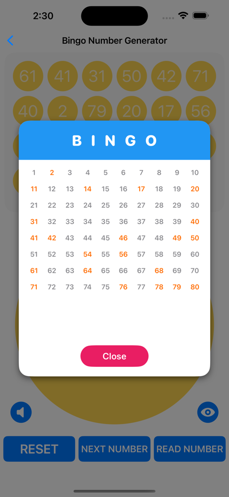 Bingo Number Caller - A bingo number caller app interface displaying a grid of eighty numbers with called numbers highlighted in orange