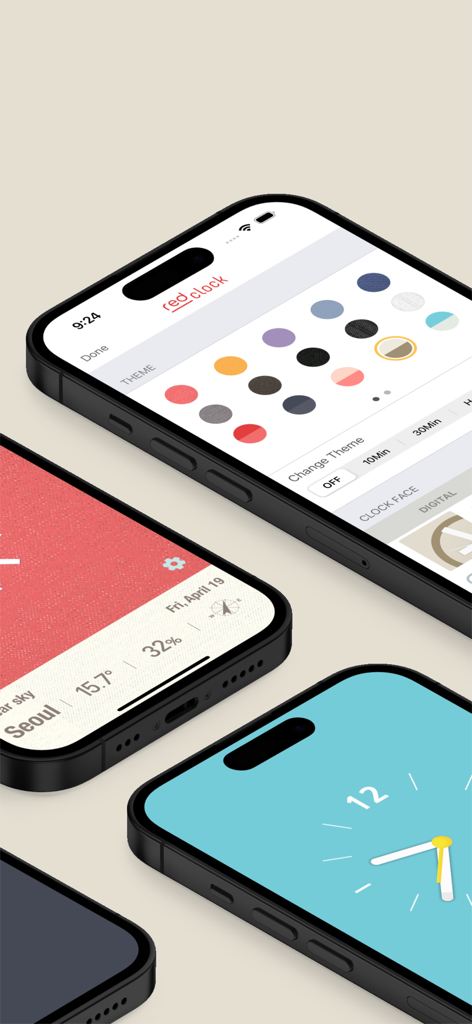 Red Clock - Weather & Alarm - Multiple iPhones displaying different minimalist themes and clock faces of the Red Clock app