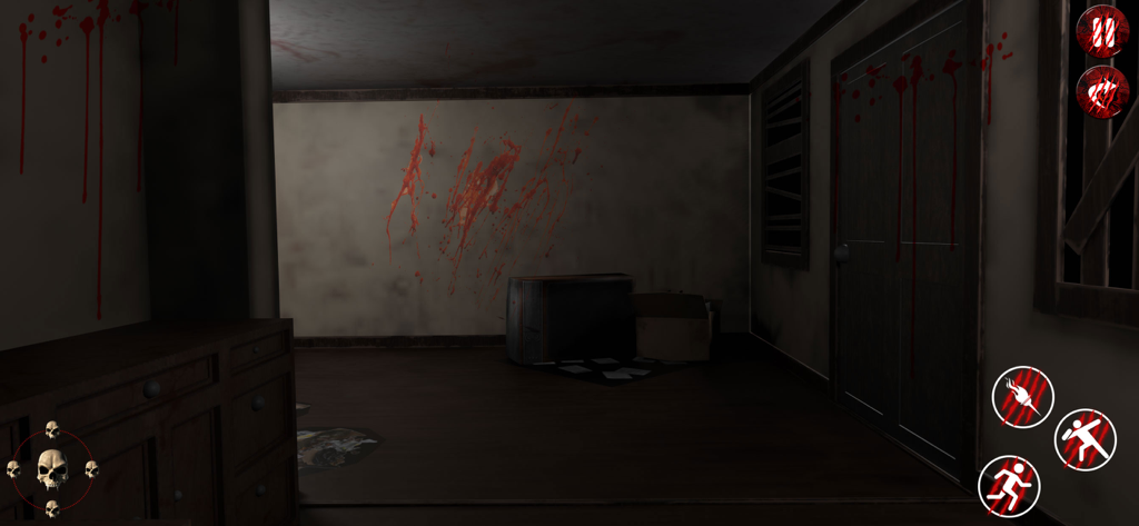 Scary Granny Nun:Chapter 2 - A dark haunted room with blood splattered on the walls and a door in the horror escape game Scary Granny Nun Chapter 2