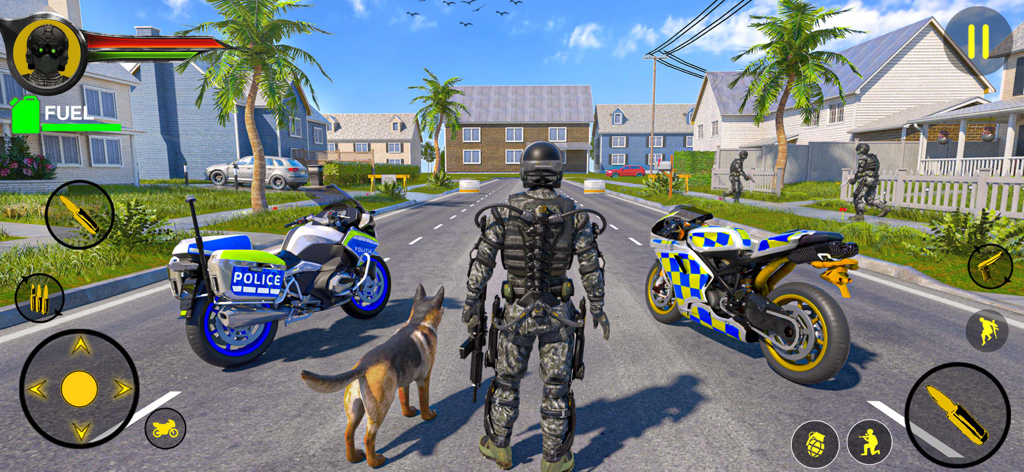 Police Bike Games: Bike Chase - Police officer in tactical gear with a dog and motorcycles in a suburban street scene