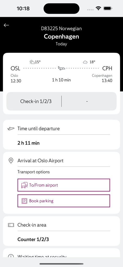 Avinor-App-Oberfläche mit Fluginformationen von Oslo nach Kopenhagen, einschließlich Abflugzeit und Transportmöglichkeiten am Flughafen