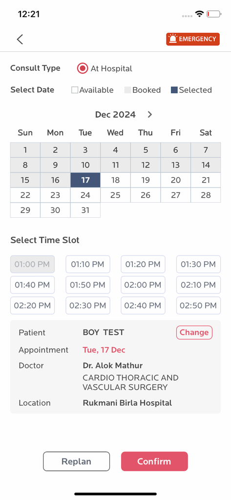 CK Birla Hospitals - Mobile app screen for booking a hospital appointment showing a calendar, time slot selection, and doctor details.