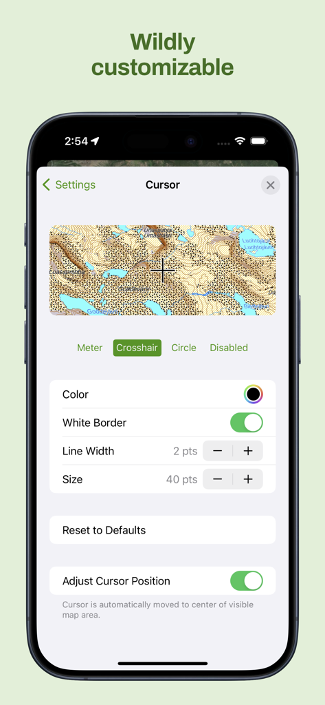 Maptrails app interface showing detailed cursor customization options like color and size over a topographic map