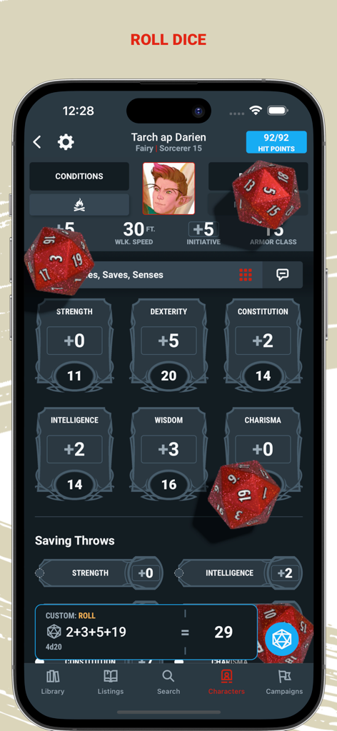 Digital character sheet in the D&D Beyond app showing stats and red 3D dice rolling