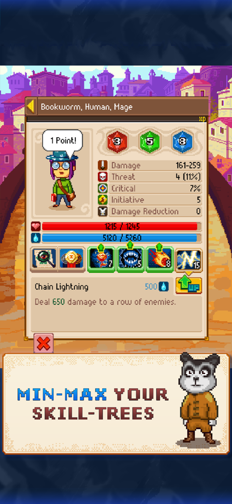 Una pantalla de estadísticas de personaje y mejora del árbol de habilidades con arte de píxeles en Knights of Pen and Paper 2