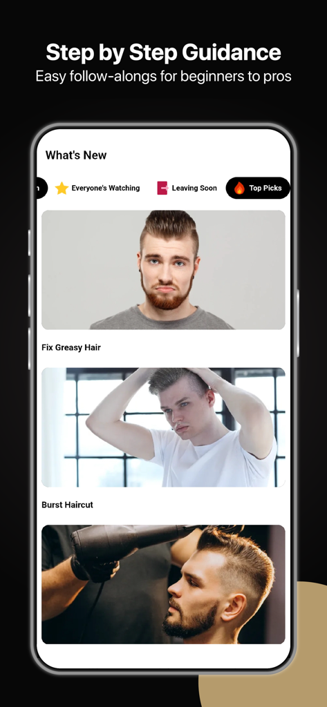 Men's Hairstyles - Face Guide - さまざまな髪質に対応したステップバイステップのグルーミングチュートリアルとスタイリングガイダンスを示す男性用ヘアスタイルアプリのスクリーンショット