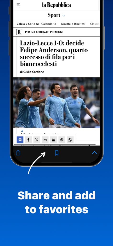 Italian Newspapers - Smartphone screen of the Italian Newspapers app showing a sports article from La Repubblica with sharing and bookmarking features