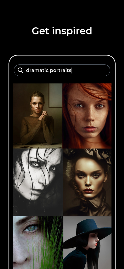 Kavyar Photography Network - Kavyar app screen showing a search for dramatic portraits with a grid of professional photography examples under the heading Get inspired.