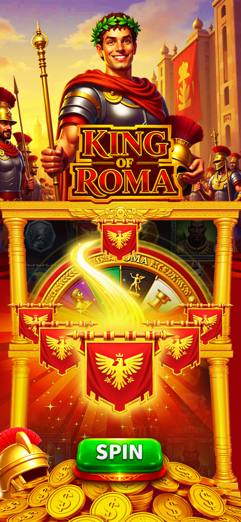 Classic Slots VIP - King of Roma slot machine screen featuring a Roman emperor character and piles of gold coins