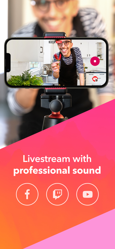A smartphone on a tripod livestreaming a video to social media with professional sound quality.