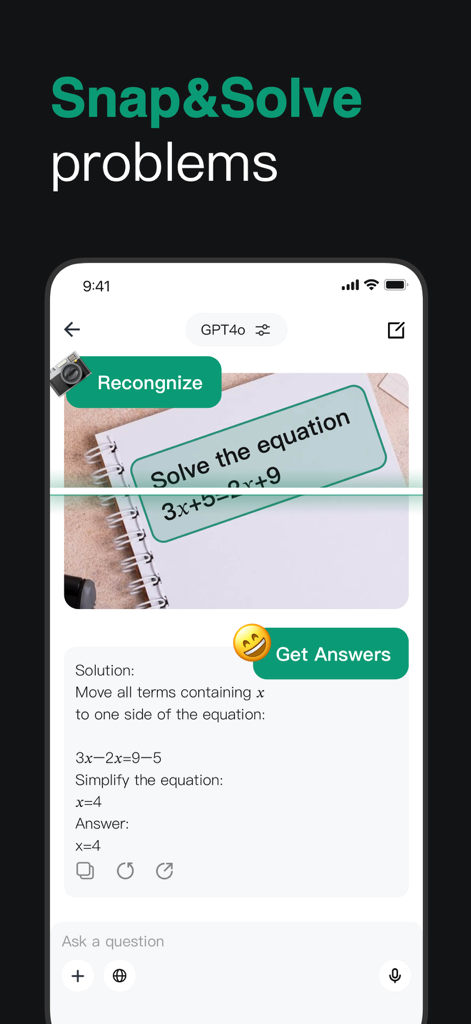 AI Agent - Chat bot Assistant - AI Agent app interface showing a photo of a math equation being solved step by step with GPT 4o