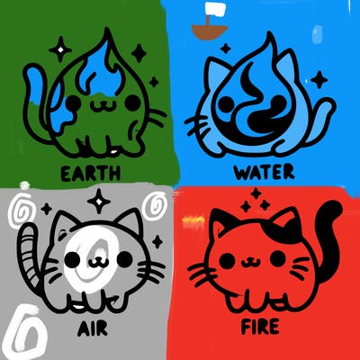 4 cats that represent the different elements, earth, water, air, and fire
