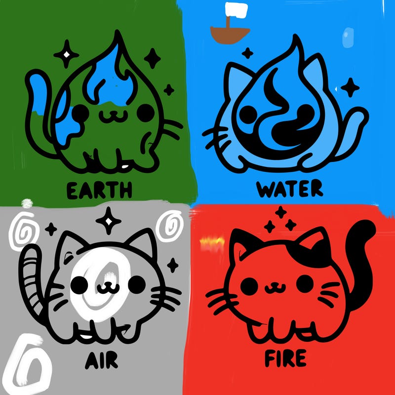 4 cats that represent the different elements, earth, water, air, and fire