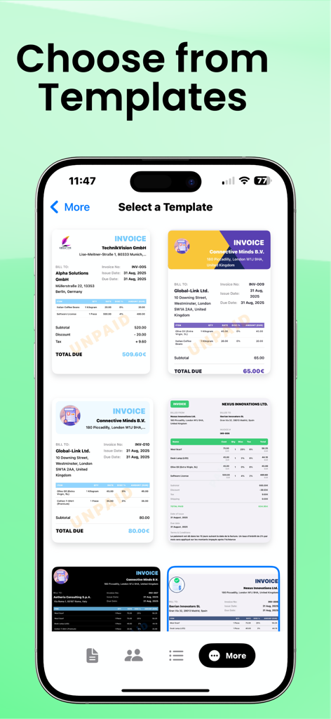 Invoice Maker Billing Manager - Pantalla de selección de plantillas de facturas profesionales en la aplicación de gestión de facturación.
