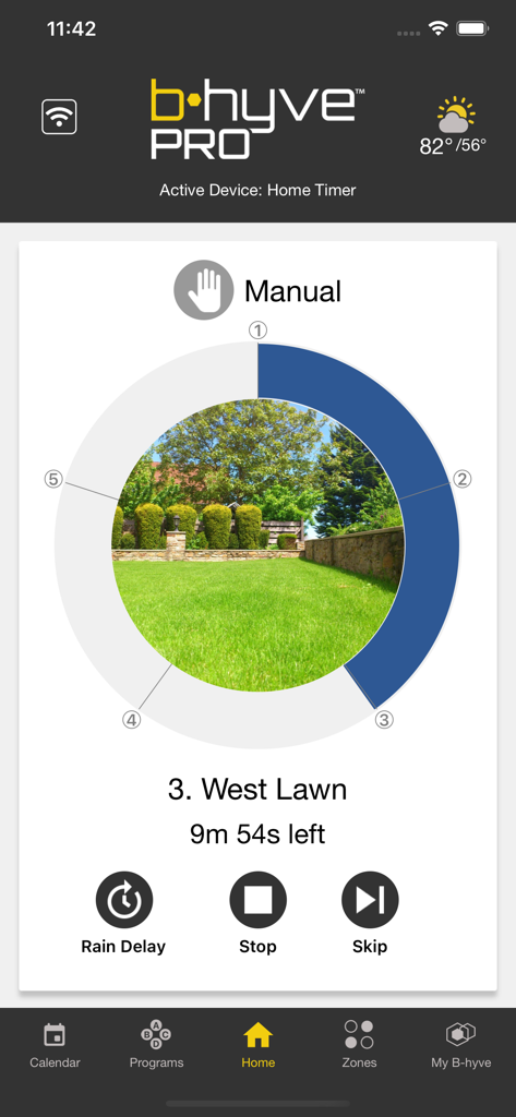 Manual irrigation control screen in the B-hyve Pro app showing a timer for the west lawn zone