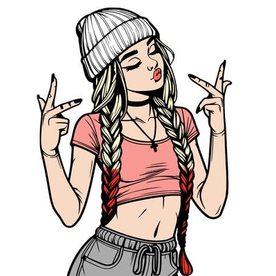 realistic teenage girl with braids and a beanie and crop top doing 🫶🏼