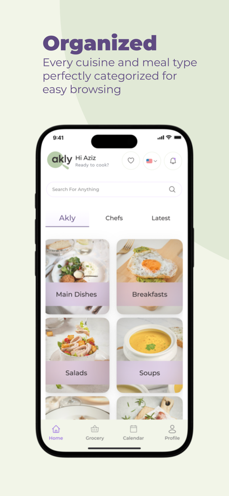 Akly - Aklyアプリのインターフェース。朝食、サラダ、スープの整理されたレシピカテゴリが表示されています。