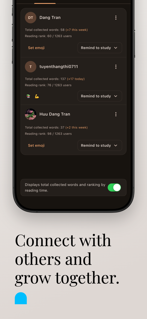 Onely: Advanced Vocab Builder - A minimalist social leaderboard in the Onely app showing student progress and vocabulary statistics