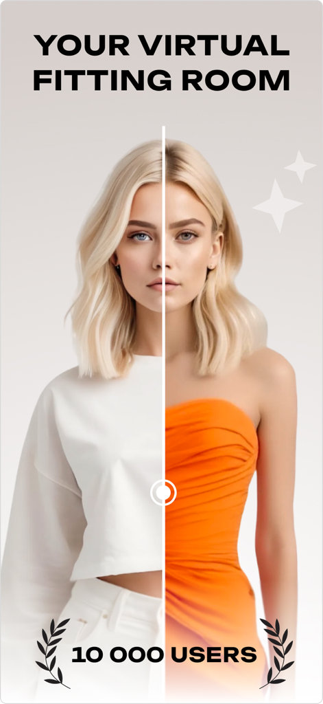 Fitly: Outfit Creator - Una pantalla dividida que muestra a una mujer usando la aplicación Fitly para probarse virtualmente una sudadera blanca y un vestido naranja sin tirantes