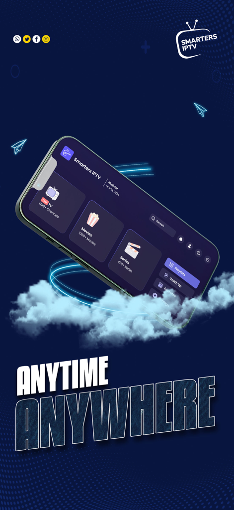 Smarters IPTV Player mobile app dashboard displaying Live TV Movies and Series categories on a dark blue background