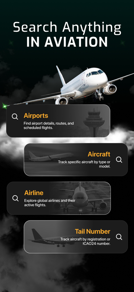Flight Tracker | Planeradar 24 - Bildschirm zur Suche nach Flughäfen, Flugzeugen, Fluggesellschaften und Schwanznummern in der Flug-Tracker-App