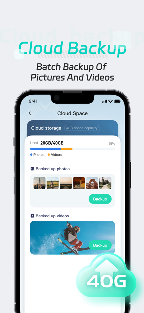 SmartScanner-AI Measure&Count - Interface de l'application SmartScanner montrant la capacité de stockage de sauvegarde cloud pour les photos et les vidéos