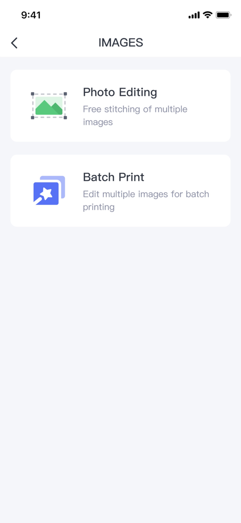 Ein Bildschirm der ePrinter-Mobil-App, der Optionen zur Fotobearbeitung mit Bildzusammenfügung und Stapeldruck für mehrere Bilder zeigt.