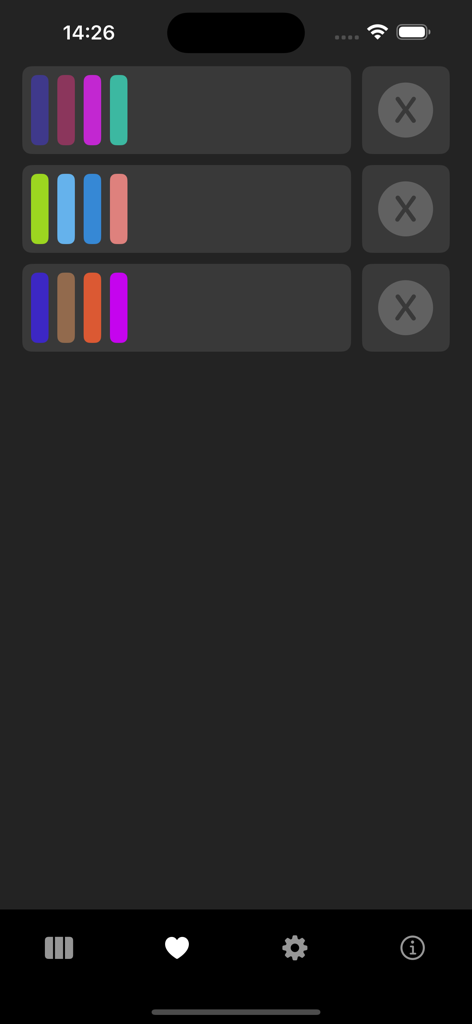 Random Palette - Random Paletteアプリで、さまざまな色の組み合わせの保存されたカラーパレットのリスト。