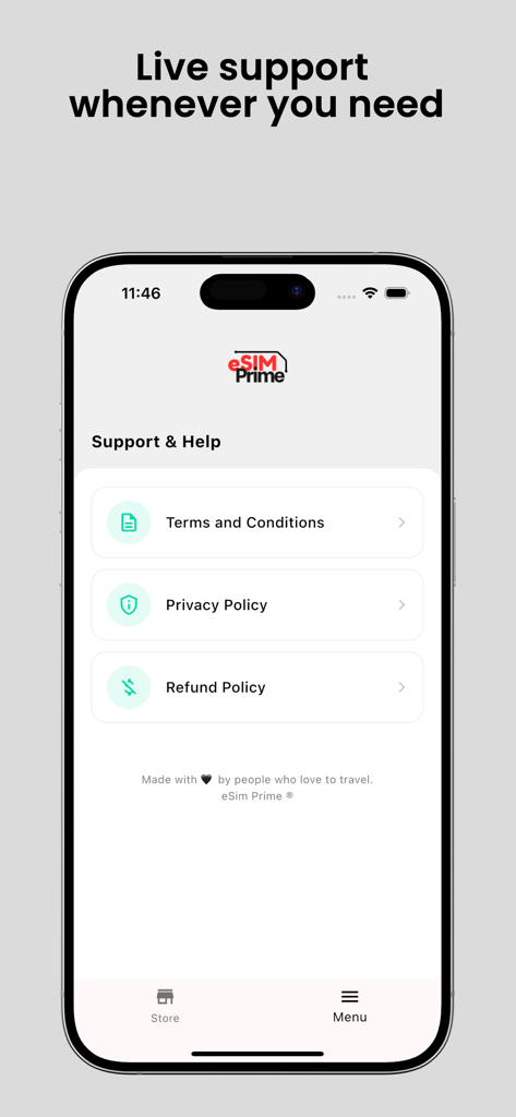 Interfaz de la aplicación eSIM Prime que muestra el menú de Soporte y Ayuda con enlaces a políticas y soporte en vivo