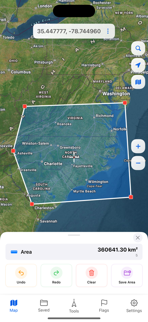 GPS Coordinates Locator Map - Mobile app interface showing a satellite map with a polygon tool calculating the total area of a region across North Carolina and Virginia