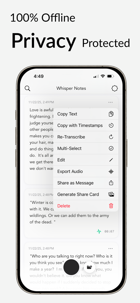 Whisper Notes - Speech to Text - Whisper Notes app interface showing offline transcription notes and a context menu for editing and sharing